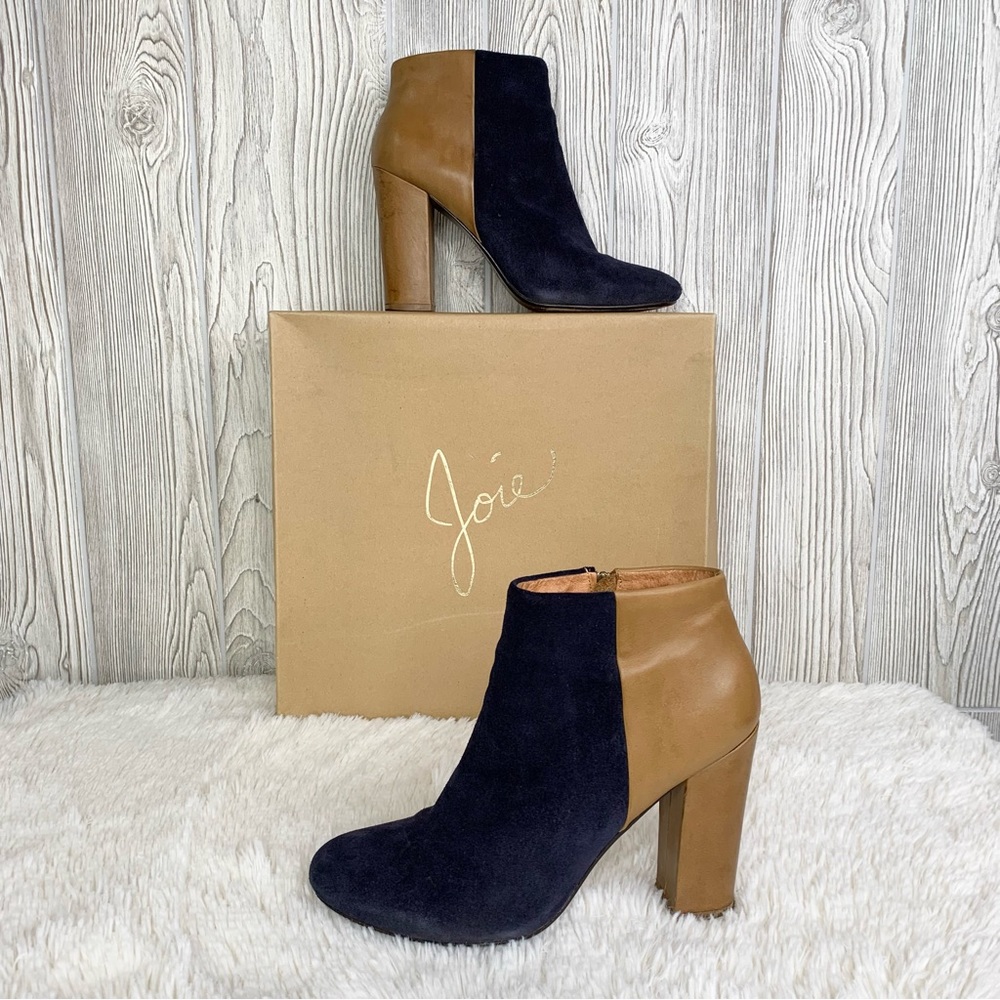 Joie Bright Fire navy blue suede & tan leather ankle boots 10 colorblock chic